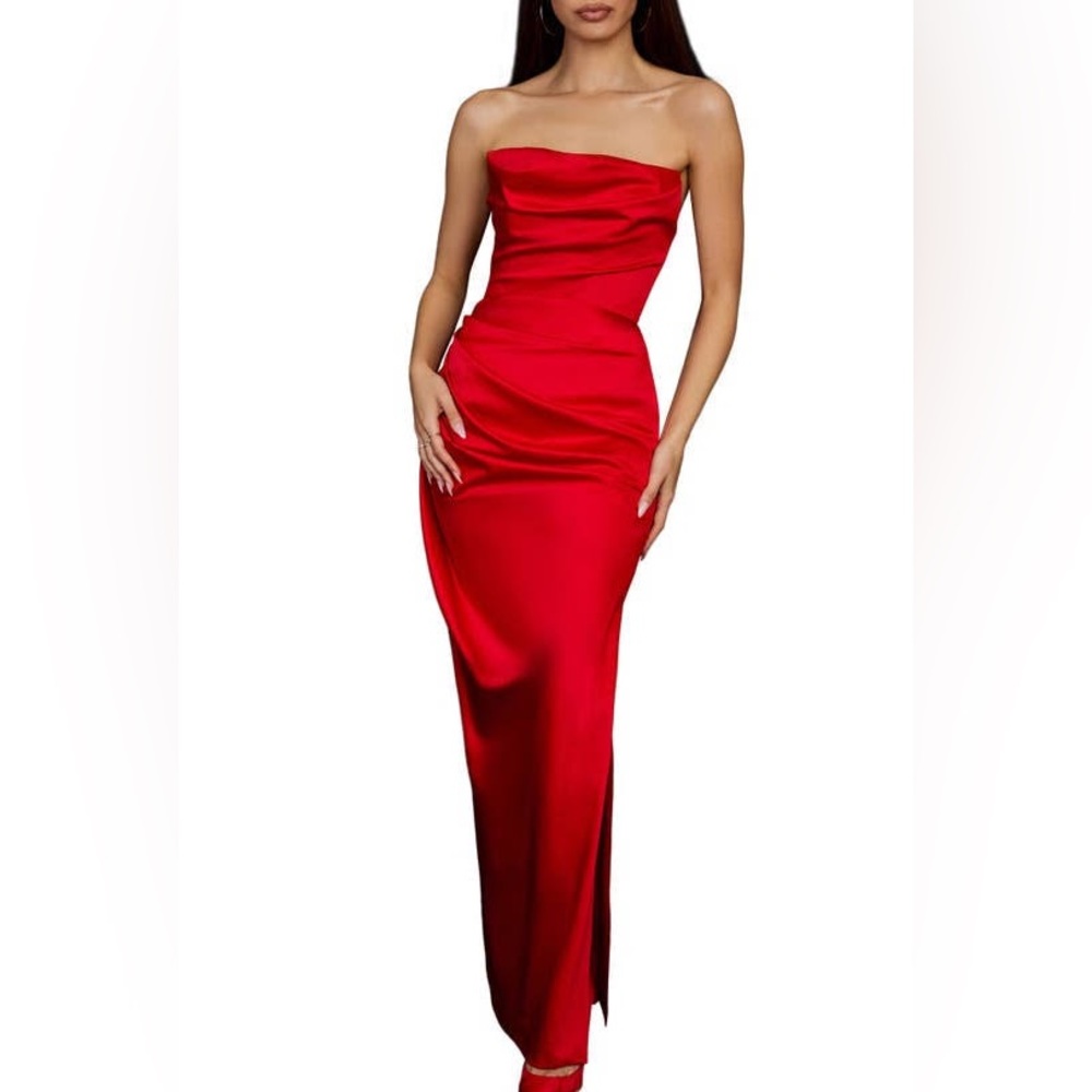 House of CB Adrienne Scarlet Red Satin Strapless Gown Maxi Dress XS